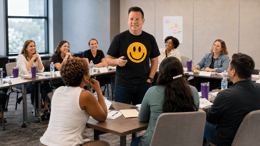 A smiling presenter in a black shirt engages a diverse group in a workshop setting