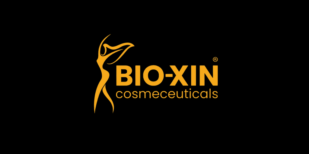 Logo for BIO-XIN Cosmeceuticals featuring a stylized human figure in yellow and black