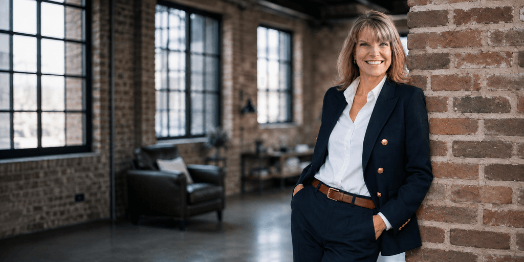 Confident woman in a blazer standing against a brick wall in a modern interior