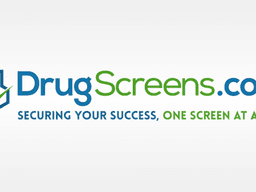 Logo for DrugScreens.com featuring blue and green text with molecule graphics