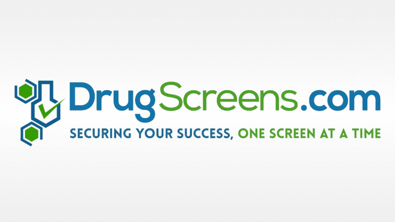 Logo for DrugScreens.com featuring blue and green text with molecule graphics