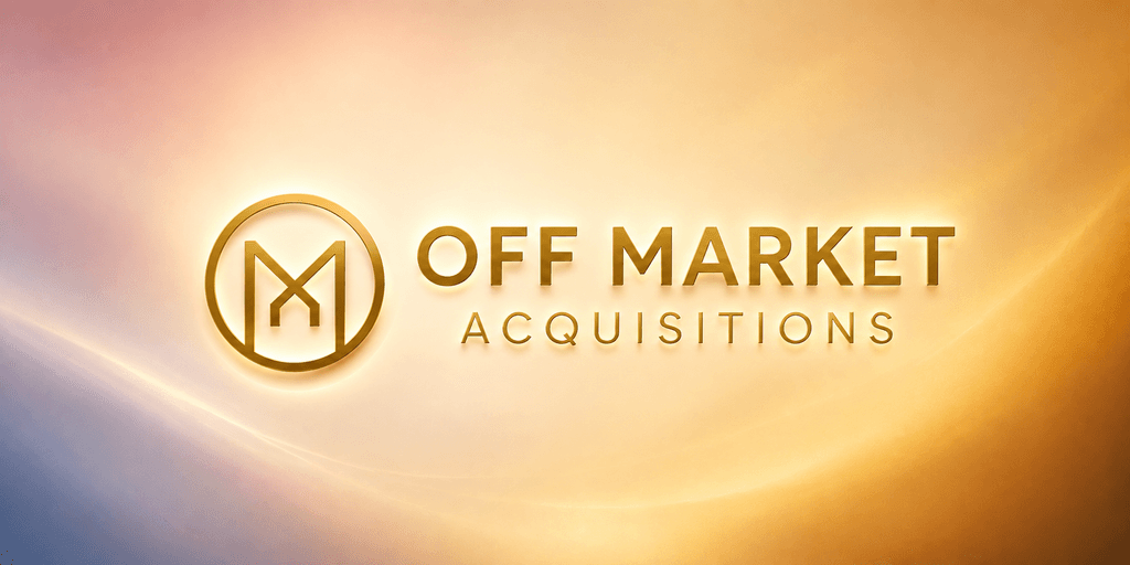 Logo for Off Market Acquisitions on a gradient background of orange and purple