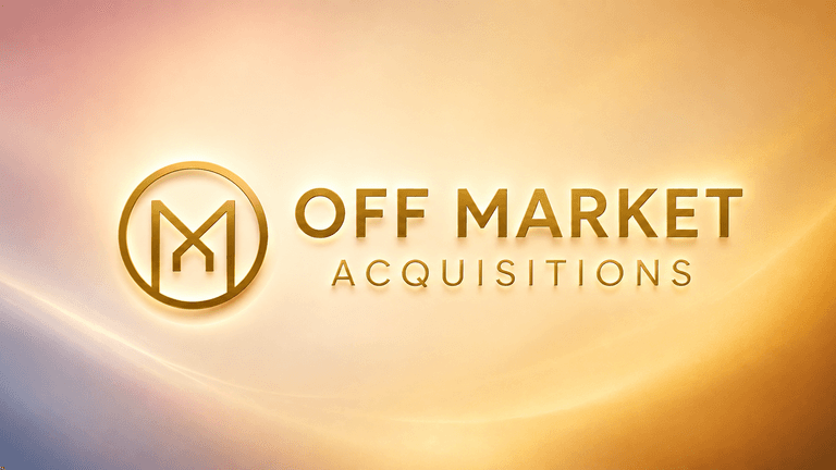 Logo for Off Market Acquisitions on a gradient background of orange and purple