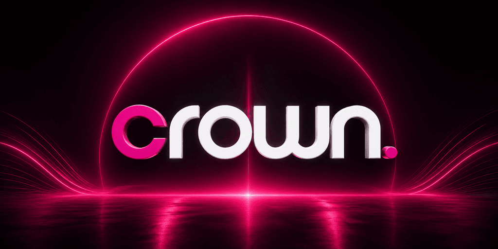 Logo of "CROWN" in pink and white against a dark, glowing background