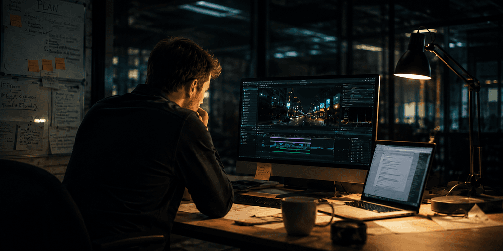 Person working late at a desk with multiple screens, papers, and a coffee cup