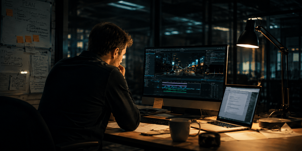 Person working late at a desk with multiple screens, papers, and a coffee cup