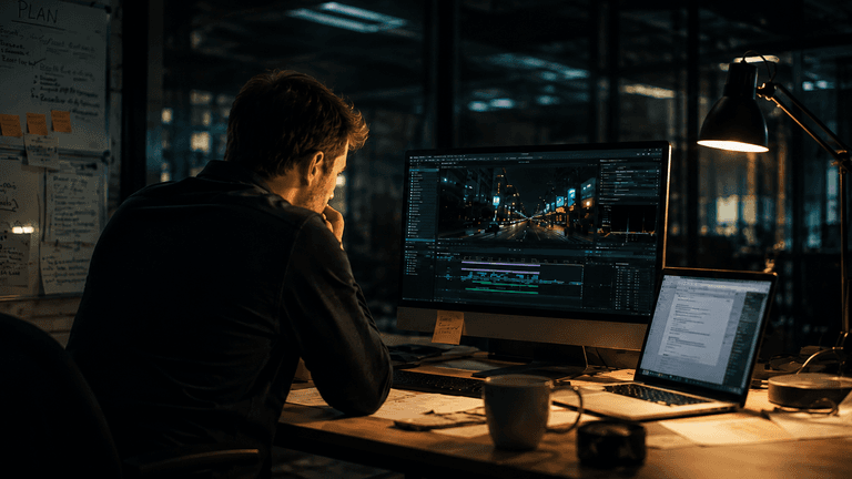 Person working late at a desk with multiple screens, papers, and a coffee cup