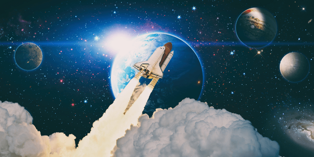 A rocket launches through clouds toward planets and a glowing Earth in space