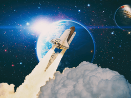 A rocket launches through clouds toward planets and a glowing Earth in space