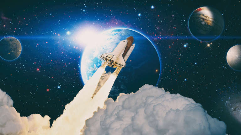 A rocket launches through clouds toward planets and a glowing Earth in space
