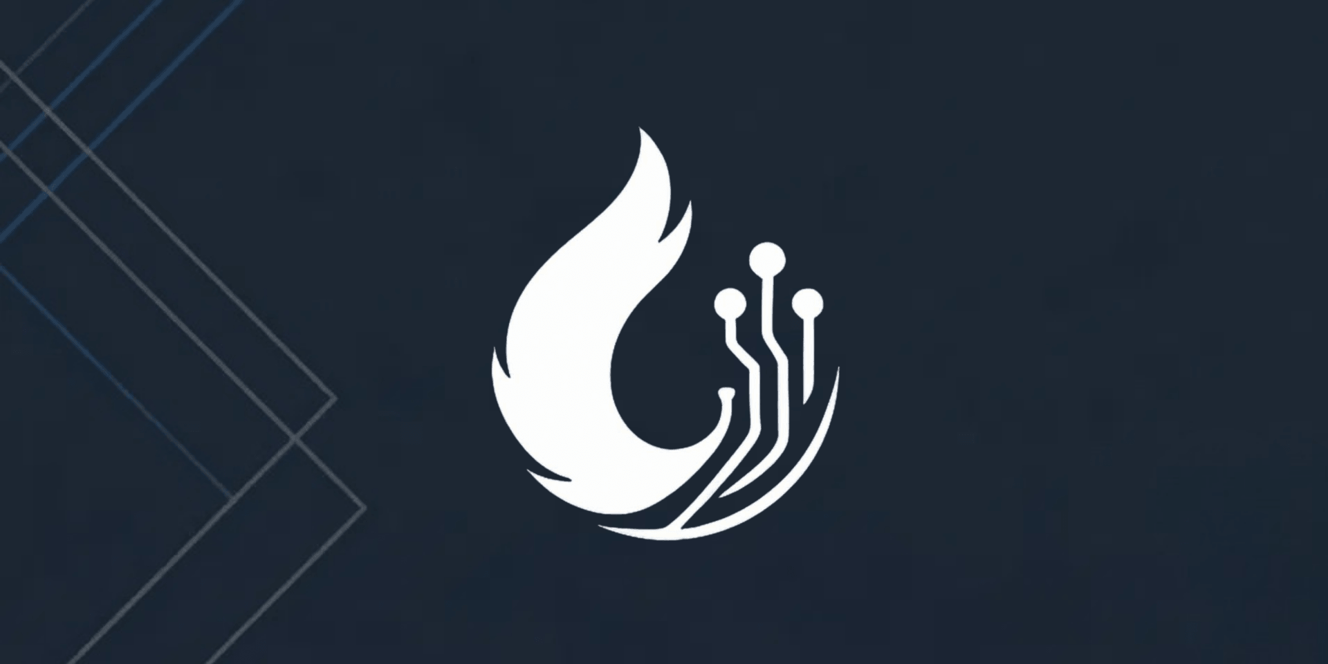 Stylized logo featuring a flame and circuit pattern on a dark background