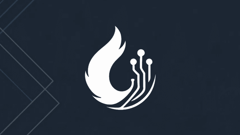 Stylized logo featuring a flame and circuit pattern on a dark background