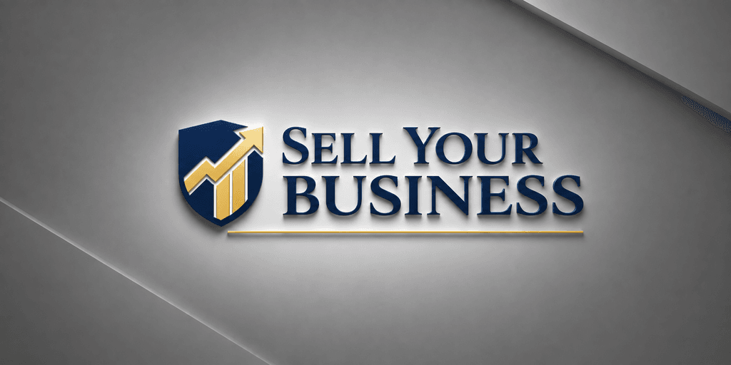 Logo for "Sell Your Business" featuring an upward arrow and shield design