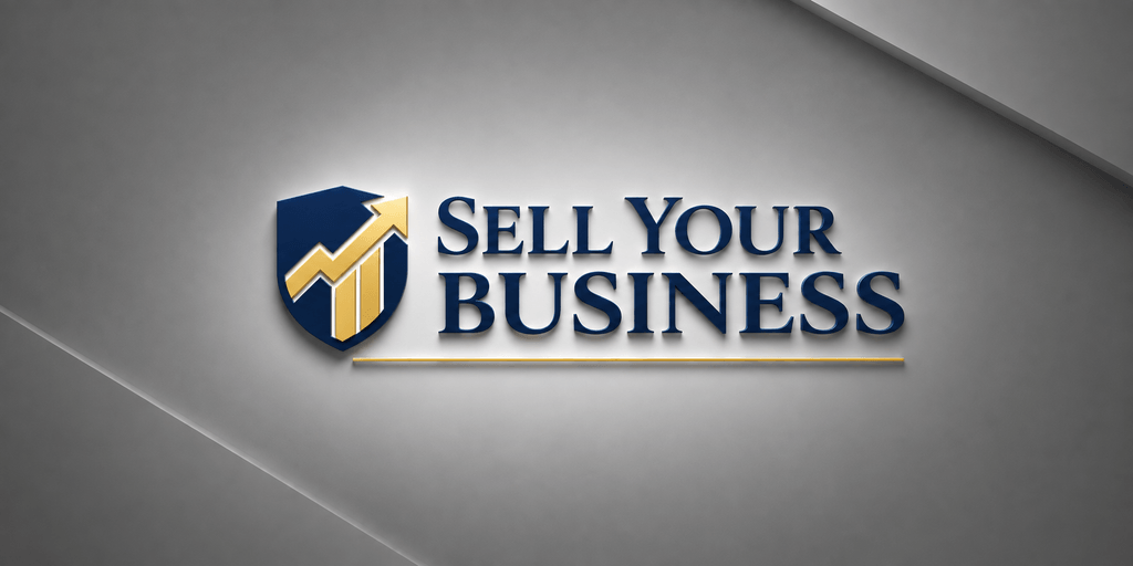 Logo for "Sell Your Business" featuring an upward arrow and shield design