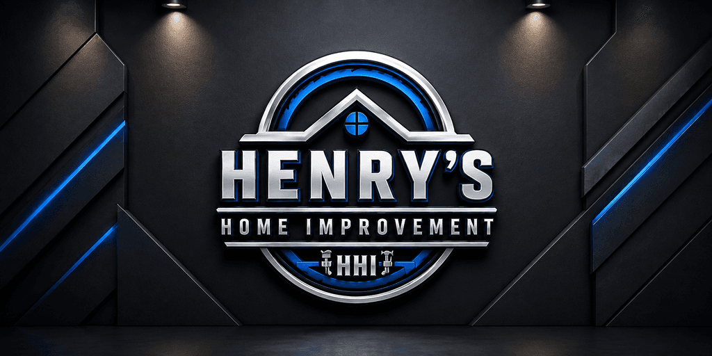 Stylized logo for Henry's Home Improvement on a dark textured wall background