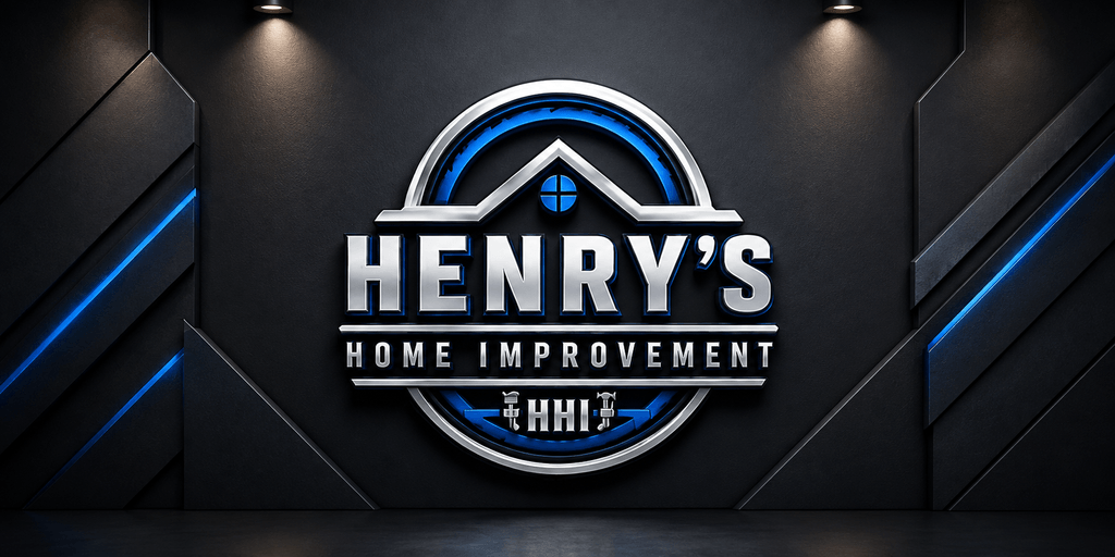 Stylized logo for Henry's Home Improvement on a dark textured wall background