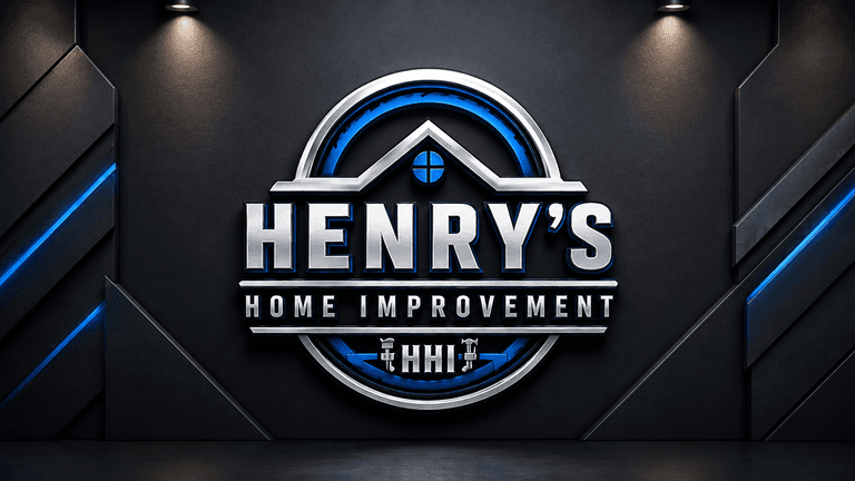 Stylized logo for Henry's Home Improvement on a dark textured wall background