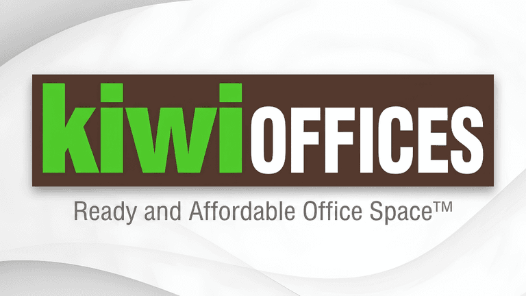 Logo for Kiwi Offices featuring green and brown text with a tagline about office space
