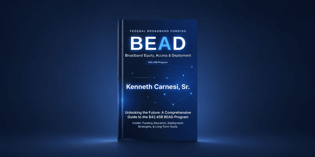 Book cover titled "BEAD" by Kenneth Carnesi Sr. about broadband funding and deployment strategies