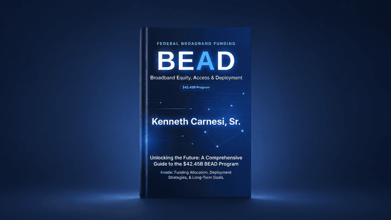 Book cover titled "BEAD" by Kenneth Carnesi Sr. about broadband funding and deployment strategies