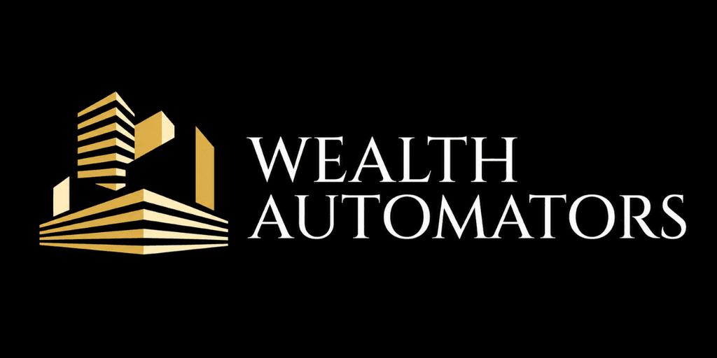 Logo of Wealth Automators featuring stylized buildings in gold and white on black background