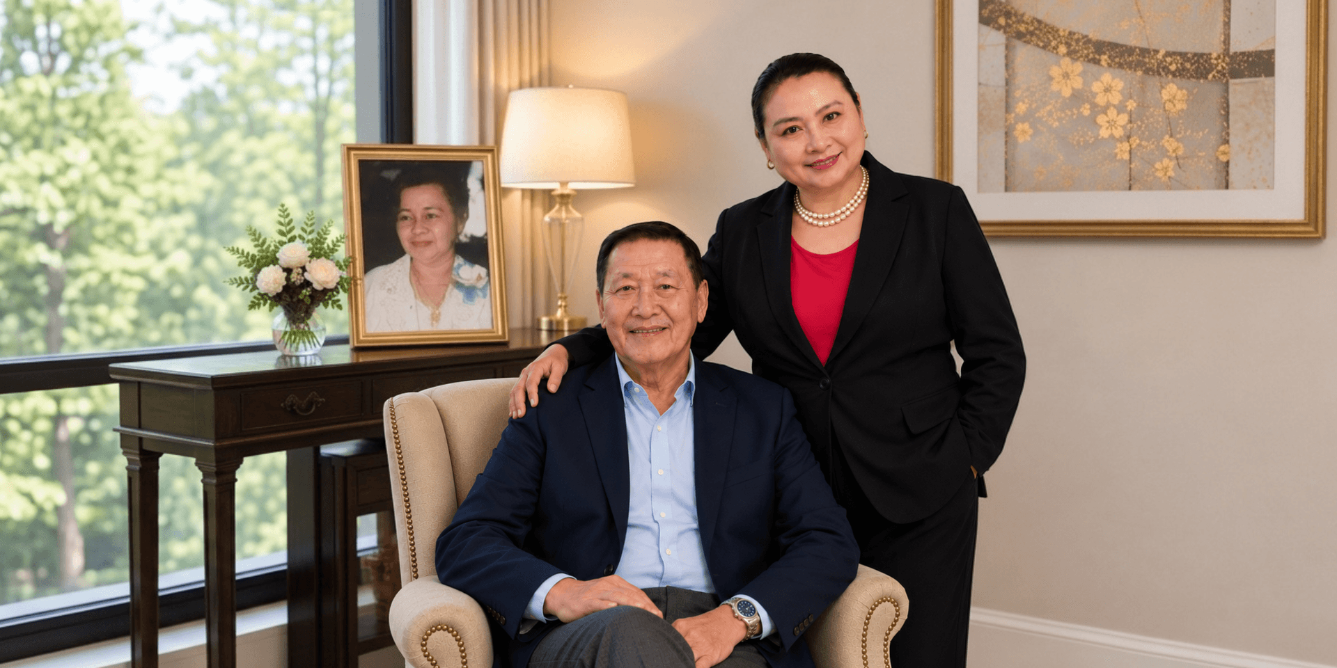 A man in a suit sits in a chair with a woman standing beside him