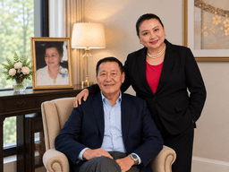 A man in a suit sits in a chair with a woman standing beside him