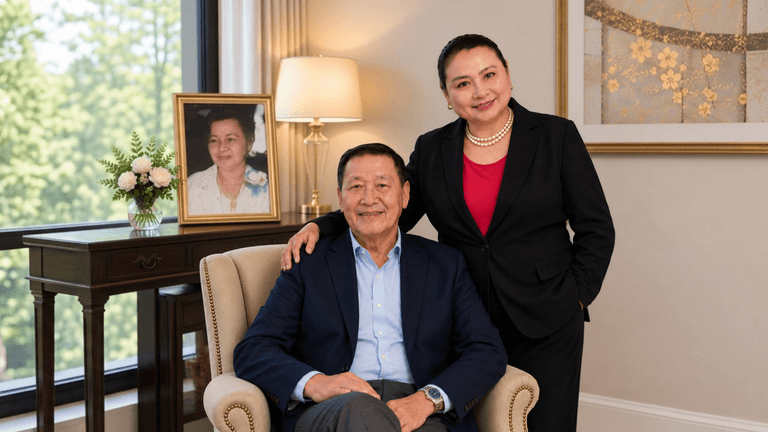 A man in a suit sits in a chair with a woman standing beside him