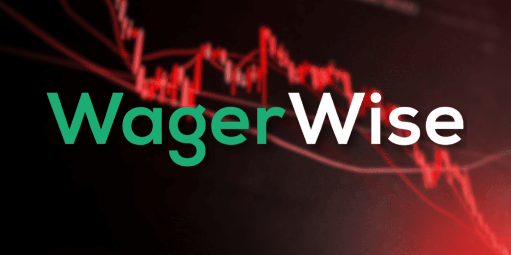 Logo for WagerWise with a background of financial charts and red trend lines