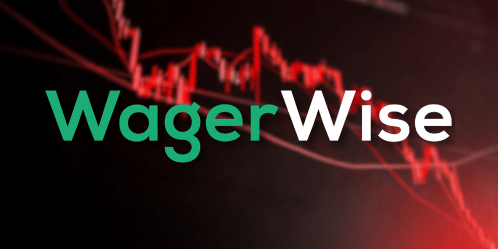 Logo for WagerWise with a background of financial charts and red trend lines