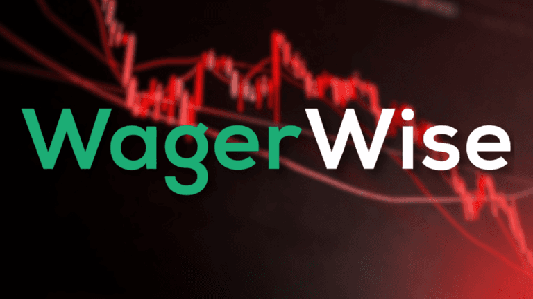 Logo for WagerWise with a background of financial charts and red trend lines
