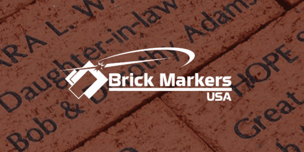 Logo of Brick Markers USA overlaid on engraved bricks with names and messages