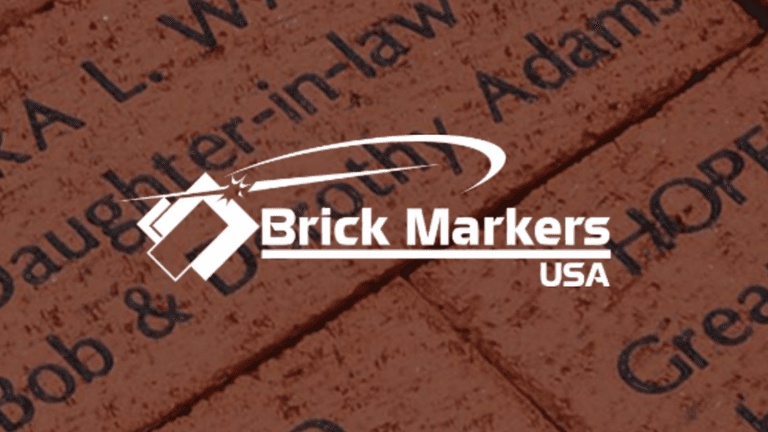Logo of Brick Markers USA overlaid on engraved bricks with names and messages