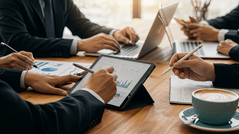 Business meeting with laptops, tablets, and charts on a wooden table