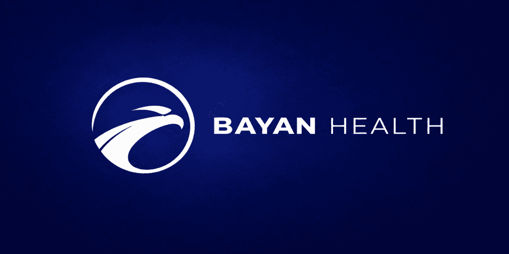 Logo of Bayan Health featuring a stylized eagle and modern typography on a blue background
