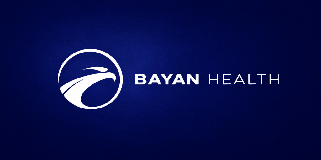 Logo of Bayan Health featuring a stylized eagle and modern typography on a blue background