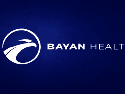Logo of Bayan Health featuring a stylized eagle and modern typography on a blue background