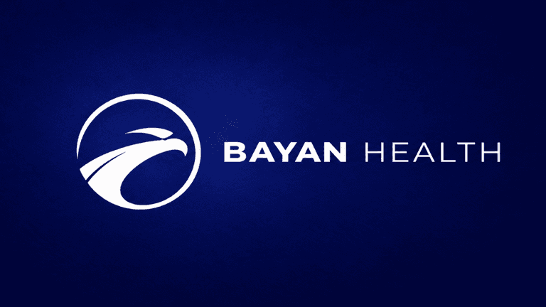 Logo of Bayan Health featuring a stylized eagle and modern typography on a blue background