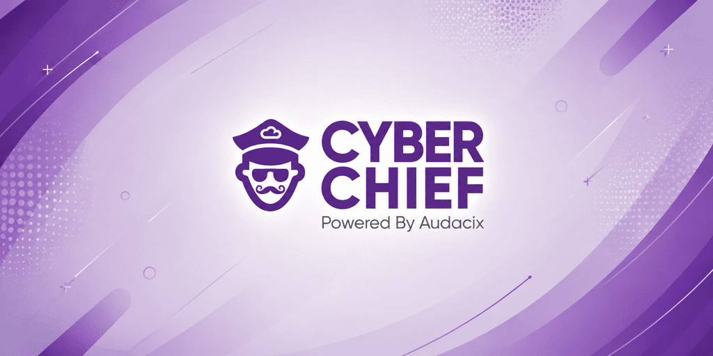 Logo of Cyber Chief with a purple abstract background and playful design elements