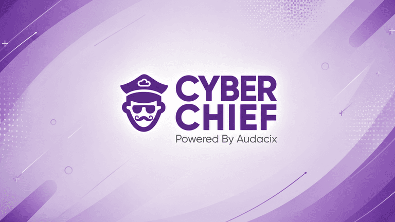 Logo of Cyber Chief with a purple abstract background and playful design elements