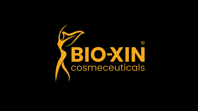 Logo of BIO-XIN Cosmeceuticals with a stylized figure in yellow on black background