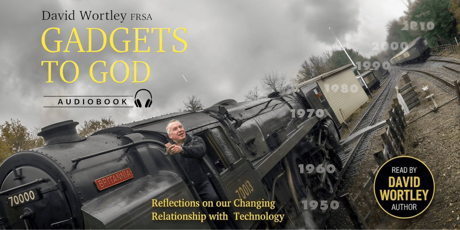 A man leans out of a train window with audiobook title and author information displayed.