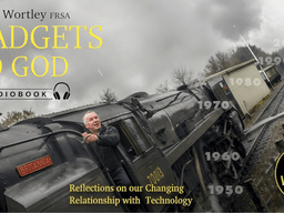 A man leans out of a train window with audiobook title and author information displayed.