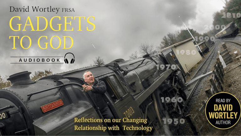 A man leans out of a train window with audiobook title and author information displayed.