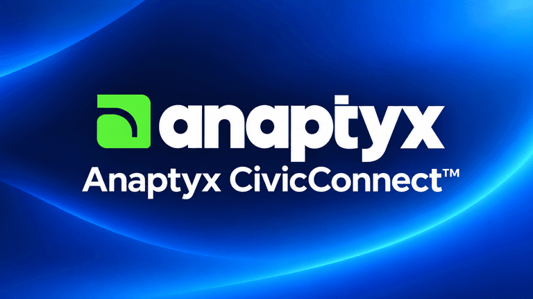 Logo of Anaptyx with the text "Anaptyx CivicConnect" on a blue background