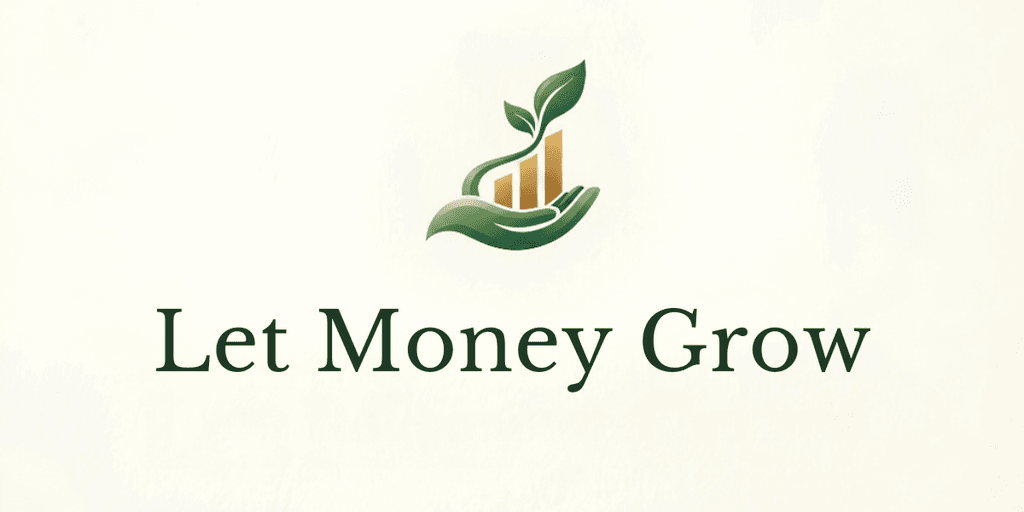 Logo featuring a hand holding a plant and growing bars with the text Let Money Grow