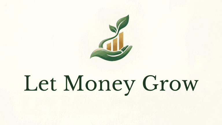 Logo featuring a hand holding a plant and growing bars with the text Let Money Grow