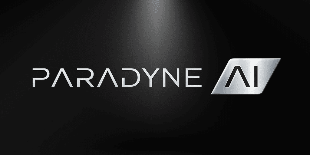 Logo of Paradyne AI with metallic text on a dark background