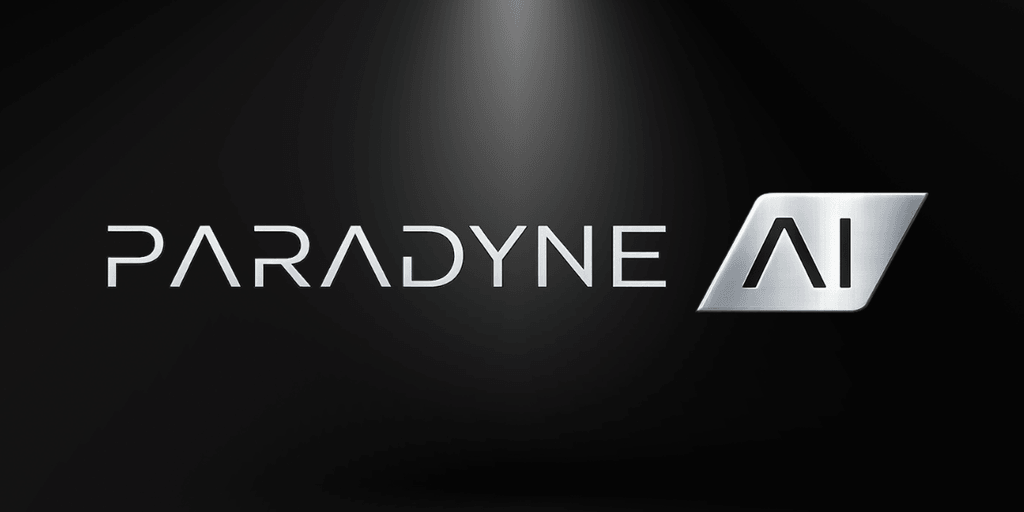 Logo of Paradyne AI with metallic text on a dark background