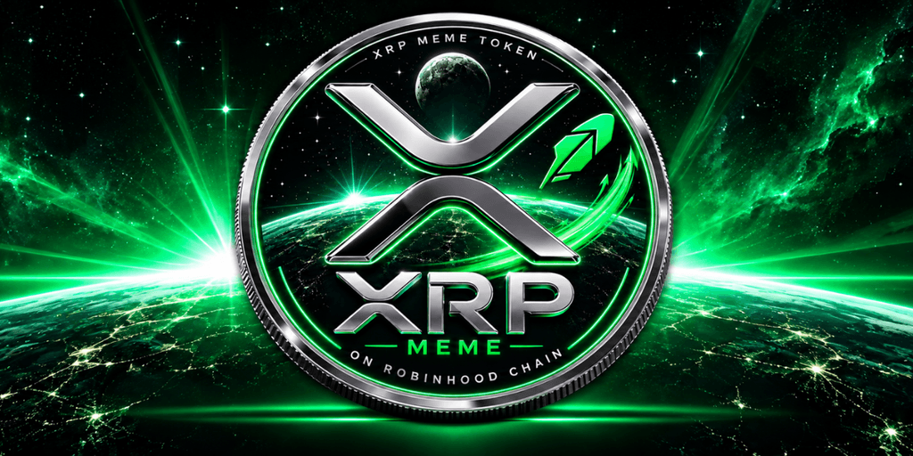 XRP Meme Token logo with a green cosmic background and digital elements